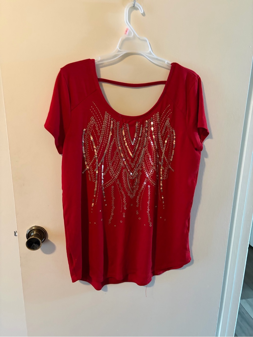 Maurices Red Scoop Neck Short Sleeve Top with Sequin Detail
